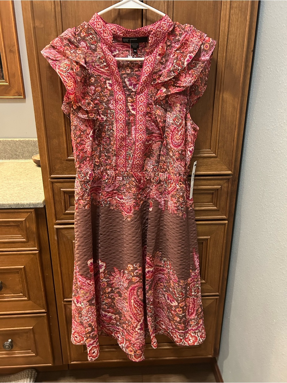Maggy London Pink Paisley Ruffle Midi Dress